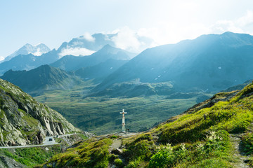 View from the Great Saint Bernard Pass, on the green mountain pastures of Valais, Alps, Switzerland