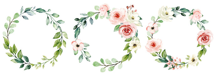 Wreaths, floral frames, watercolor flowers pink roses, Illustration hand painted. Isolated on white background. Perfectly for greeting card design. © Larisa