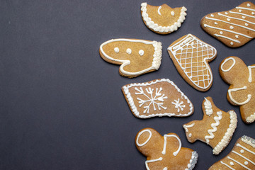 Gingerbread cookies, Christmas homemade gingerbread with empty copy space. Celebration cooking Winter concept. New year and Xmas postcard or invitation
