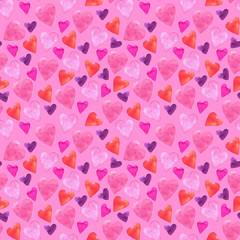 Seamless pattern with hand-drawn watercolor hearts on a pink background. Valentine's day texture for design of wrapping paper, postcards, fabric and other souvenir products