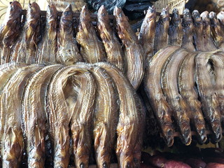 Dried fish in the basket for sale in the market, Phnom Penh, Cambodia