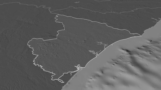 Sergipe, state with its capital, zoomed and extruded on the bilevel map of Brazil in the conformal Stereographic projection. Animation 3D