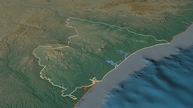 Sergipe, state with its capital, zoomed and extruded on the relief map of Brazil in the conformal Stereographic projection. Animation 3D