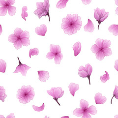 Vector seamless pattern with hand drawn illustration of sakura flower with watercolor imitation. Romantic japanese cherry repeater background. Spring background with sakura flower.
