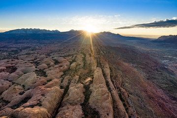 Aerial view sunrise with sunrays in Moab Utah