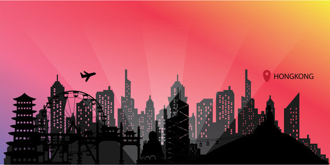 Hongkong Travel postcard, poster, tour advertising of world famous landmarks in paper cut style. Vectors illustrations