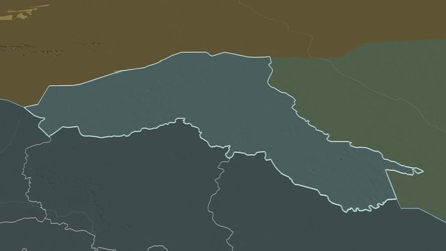 Sahel, region with its capital, zoomed and extruded on the administrative map of Burkina Faso in the conformal Stereographic projection. Animation 3D