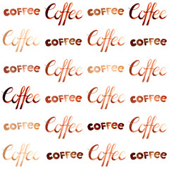 Vector watercolor style illustrated and painted brown coffee beans and calligraphic lettering pattern set