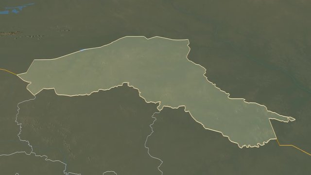 Sahel, region with its capital, zoomed and extruded on the relief map of Burkina Faso in the conformal Stereographic projection. Animation 3D