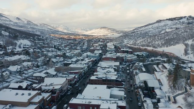 Aerial Drone Rise Up Of Park City, Utah In The Winter During The Sundance Film Festival.