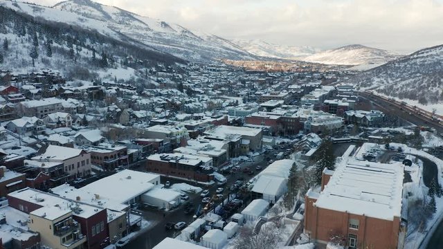 Aerial Drone Parallax Of Park City, Utah In The Winter During The Sundance Film Festival.