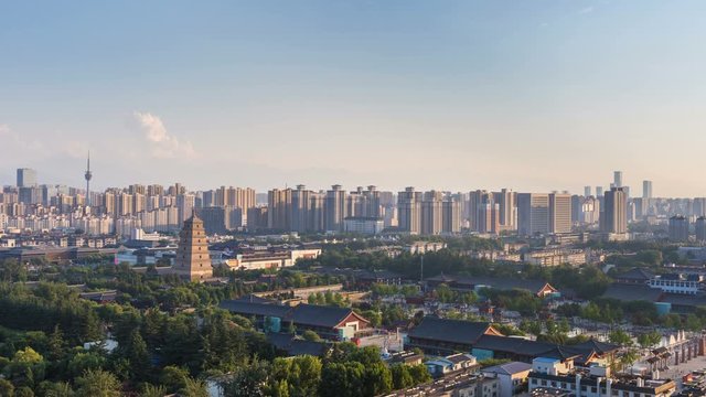 time lapse of the beautiful xian cityscape at dusk, overlooking greater wild goose pagoda square, China.