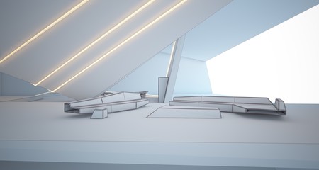 Abstract drawing architectural white interior of a minimalist house with swimming pool and neon lighting. 3D illustration and rendering.