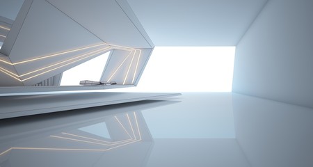 Obraz premium Abstract drawing architectural white interior of a minimalist house with swimming pool and neon lighting. 3D illustration and rendering.