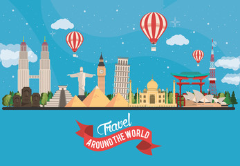 travel around the world design with set monuments