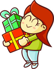 Funny and cute beautiful woman bringing christmas presents and smiling