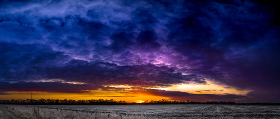 winter sunset panorama landscape nature clouds horizon sun blue hour