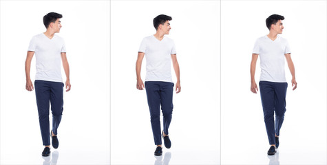 Young Caucasian Man in Empty area blank white T-Shirt Jeans stand and walk in turning head look with feeling happy smile strong, white background isolated, full length collage group concept © Jade