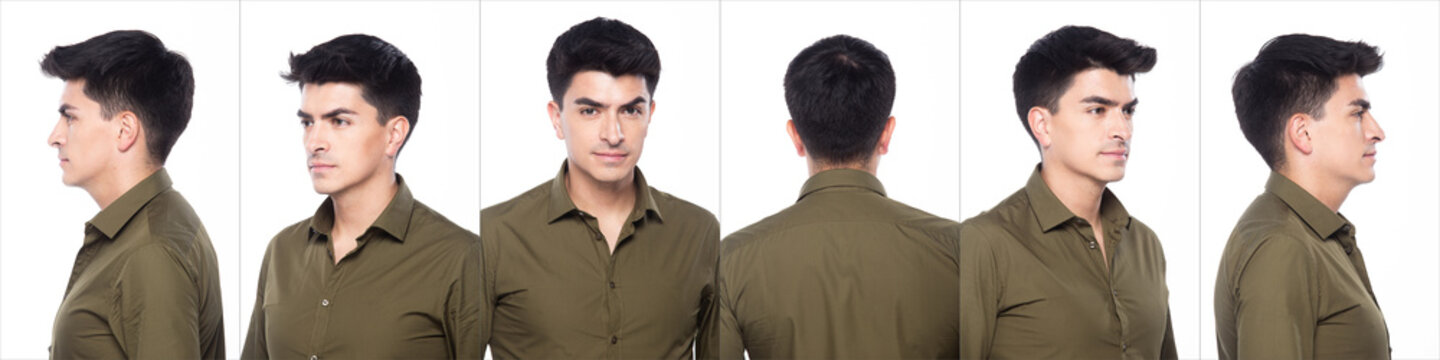 Portrait Snap Figure, young Caucasian Business Man in dark green shirt, He has confident stand and feel happy smile strong, collage group over white background isolated 360