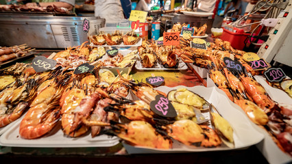 Sea food at Krabi Walking Street in Krabi Town, Thailand.