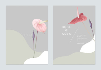 Minimalist floral wedding invitation card template design, pink and red Anthurium flowers on light grey - obrazy, fototapety, plakaty