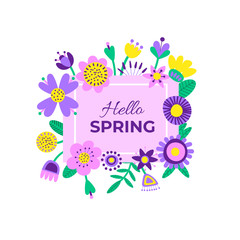 Hello spring quote background with cute flowers. Floral printable banner with text. Cartoon flat illustration.