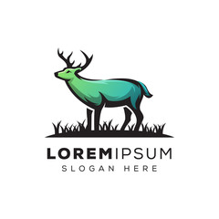 adventure deer logo illustration premium vector, awesome deer with  grass