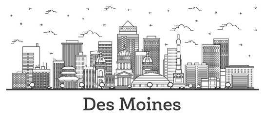 Outline Des Moines Iowa City Skyline with Modern Buildings Isolated on White.