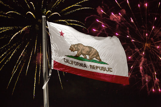 California flag blowing in the wind at night