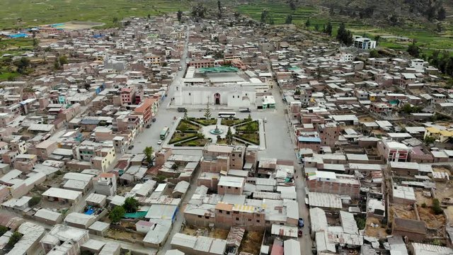 Backward aerial shot above Cabanonde  Arequipa Peru.