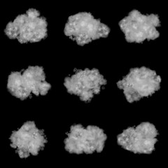 Set of nine fluffy clouds isolated on black background 3d illustration