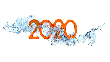 2020 numbers made of orange or red jucie, ice or glass and the blue fresh water splashes oround it in 3D illustration