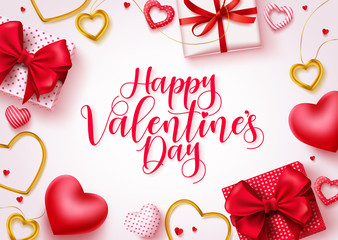 Fototapeta na wymiar Happy valentines day vector background. Happy valentines day greeting text in empty space with elements like gifts, hearts and jewelries in white background. Vector illustration