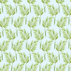 Fototapeta na wymiar Summer seamless pattern of green spikelets of wild herbs on a light blue background. The element of the pattern is painted in watercolor, for printing on textiles, paper, for stamping and engraving.