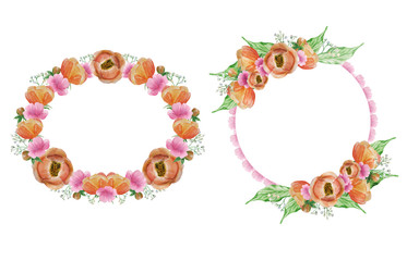 Set of two festive round frames of beautiful flowers, peonies, geraniums and decorative greenery.The elements are drawn in watercolor, high definition, for decorating wedding invitations, cards,print.