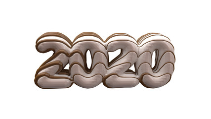 Christmas figure made in 2020 in the form of white donuts poured on top of a chocolate caramel. New Year sign. 3d rendering isolated on white background