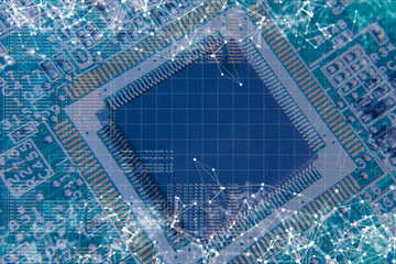 electric chip on a green circuit board close up, pcb d