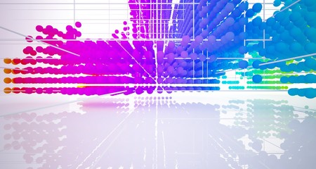 Abstract white and colored gradient  interior multilevel public space from array spheres with window. 3D illustration and rendering.