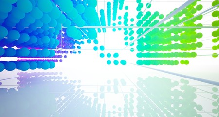 Abstract white and colored gradient  interior multilevel public space from array spheres with window. 3D illustration and rendering.