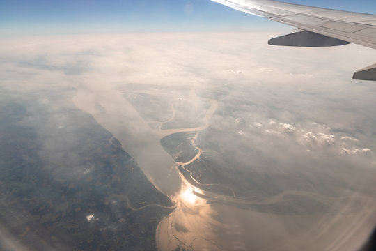 Aerial View of the magnificent Bramhaputra River in Bangladesh from the airplane. selective focus.