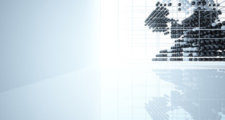 Abstract white and black gradient  interior multilevel public space from array spheres with window. 3D illustration and rendering.