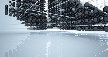 Abstract white and black gradient  interior multilevel public space from array spheres with window. 3D illustration and rendering.