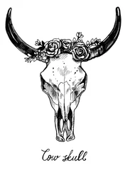 Fototapete Boho Schädel einer Kuh. Blumenkranz.