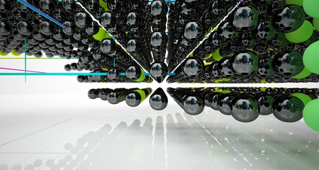 Abstract white and colored gradient  interior multilevel public space from array spheres with window. 3D illustration and rendering.