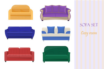 A set of sofas of different configurations, home decoration. Cozy house symbol, vector illustration