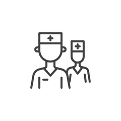 Two doctors character line icon. linear style sign for mobile concept and web design. Medical doctor and nurse uniform outline vector icon. Healthcare symbol, logo illustration. Vector graphics