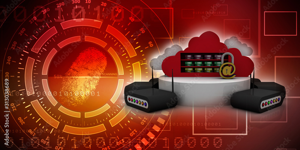 Poster 3d rendering transmitter wifi with e mail lock