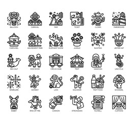 Set of circus thin line and pixel perfect icons for any web and app project.