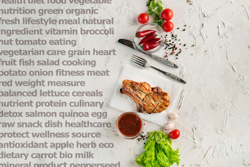 cooked meat layout, spice, lettuce leafs, tomato, pepper and sauce laying around, tableware, knife, forks