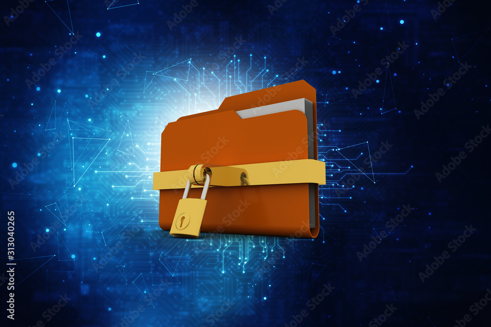 Poster yellow folder and lock. data security concept. 3d rendering